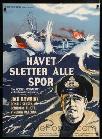 4p752 CRUEL SEA Danish '53 Wenzel art of ship captain Jack Hawkins with ships at sea!
