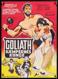 4p773 GOLIATH & THE BARBARIANS Danish '59 different art of Steve Reeves protecting Chelo Alonso!