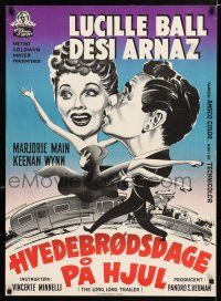 4p794 LONG, LONG TRAILER Danish '54 Gaston art of Lucy Ball, Desi Arnaz & huge RV!