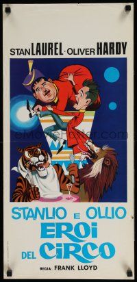 4p576 STANLIO E OLLIO EROI DEL CIRCO Italian locandina '60s art of Laurel & Hardy, tiger and lion!