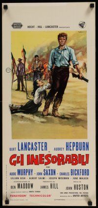 4p589 UNFORGIVEN Italian locandina R60s different art of Lancaster & Hepburn by Mauro Colizzi!