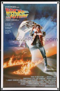 4r063 BACK TO THE FUTURE 1sh '85 Zemeckis, Drew art of Michael J. Fox & Delorean!