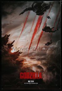4r306 GODZILLA teaser DS 1sh '14 image of soldiers parachuting over monster & burning city!