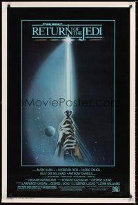 4r647 RETURN OF THE JEDI 1sh '83 George Lucas classic, great artwork of hands holding lightsaber!