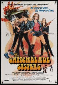 4r753 SWITCHBLADE SISTERS 1sh R96 Jack Hill, fantastic Solie art of sexy bad girl gang with guns!