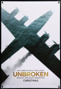 4r810 UNBROKEN teaser DS 1sh '14 Jack O'Connell, shadow image of bomber airplane over ocean!