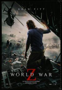 4r840 WORLD WAR Z teaser DS 1sh '13 Brad Pitt in rear door over city, zombie apocalypse!