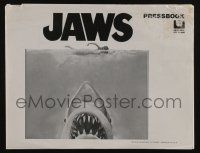 4s532 JAWS pressbook '75 art of Steven Spielberg's classic man-eating shark attacking sexy swimmer!