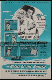 4s604 NIGHT OF THE HUNTER pressbook '56 Robert Mitchum & Winters, Laughton's classic noir!