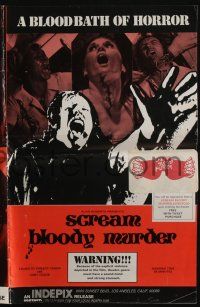 4s670 SCREAM BLOODY MURDER pressbook '73 Gore-Nography, you'll be required to blindfold yourself!