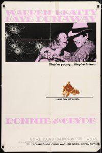 4t096 BONNIE & CLYDE 1sh '67 Warren Beatty & Faye Dunaway are young, in love & kill people!