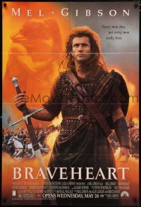 4t102 BRAVEHEART advance 1sh '95 cool image of Mel Gibson as William Wallace!