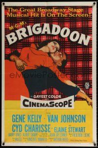 4t105 BRIGADOON 1sh '54 great romantic close up art of Gene Kelly & Cyd Charisse!