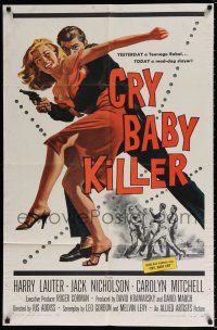 4t163 CRY BABY KILLER 1sh '58 first Jack Nicholson, really cool art of criminal w/girl and gun!