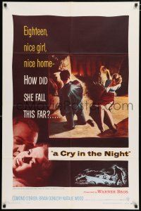 4t165 CRY IN THE NIGHT 1sh '56 cool art of Raymond Burr & 18 year-old Natalie Wood!