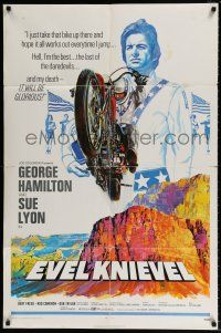 4t227 EVEL KNIEVEL 1sh '71 George Hamilton is THE daredevil, great art of motorcycle jump!