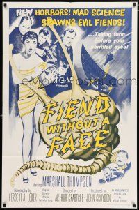 4t247 FIEND WITHOUT A FACE 1sh R62 giant brain & sexy girl in towel, mad science spawns evil!