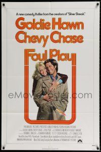 4t276 FOUL PLAY 1sh '78 wacky Lettick art of Goldie Hawn & Chevy Chase, screwball comedy!