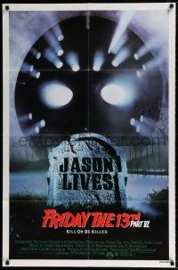 4t283 FRIDAY THE 13th PART VI 1sh '86 Jason Lives, cool image of hockey mask & tombstone!
