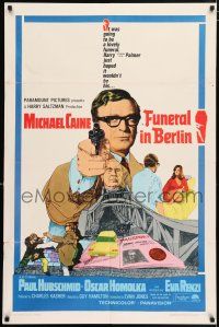 4t290 FUNERAL IN BERLIN 1sh '67 cool art of Michael Caine pointing gun, directed by Guy Hamilton!