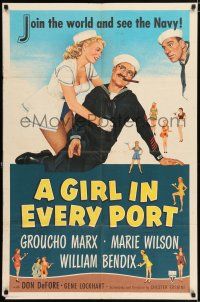 4t303 GIRL IN EVERY PORT 1sh '52 artwork of wacky sailor Groucho Marx & sexy Marie Wilson!