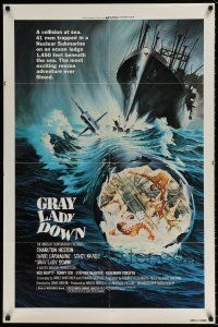 4t318 GRAY LADY DOWN 1sh '78 Charlton Heston, David Carradine, cool submarine artwork!