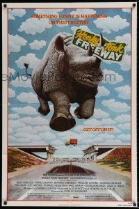 4t361 HONKY TONK FREEWAY 1sh '81 cool giant flying rhinoceros art, Beau Bridges, Beverly D'Angelo!