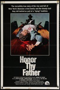 4t362 HONOR THY FATHER int'l 1sh '73 cool art of dead man with gun on meeting table!