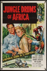 4t425 JUNGLE DRUMS OF AFRICA 1sh '52 Clayton Moore with gun & Phyllis Coates, Republic serial!
