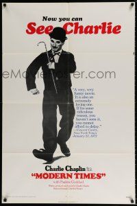 4t559 MODERN TIMES 1sh R72 great image of Charlie Chaplin & gears in background!