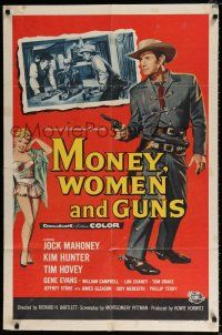 4t564 MONEY, WOMEN & GUNS 1sh '58 cowboy Jock Mahoney w/revolver, cool gambling image!