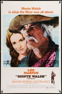 4t567 MONTE WALSH 1sh '70 super close up of cowboy Lee Marvin & pretty Jeanne Moreau!