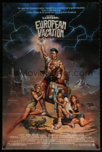 4t605 NATIONAL LAMPOON'S EUROPEAN VACATION 1sh '85 Vallejo art of Chevy Chase, Beverly D'Angelo!