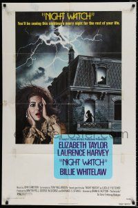 4t638 NIGHT WATCH 1sh '73 Laurence Harvey, Billie Whitelaw, art of scared Elizabeth Taylor!