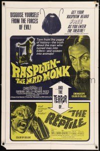 4t726 RASPUTIN THE MAD MONK/REPTILE 1sh '66 wacky Hammer double-feature, free Rasputin beards!