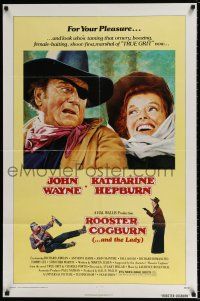 4t755 ROOSTER COGBURN 1sh '75 great art of John Wayne with eyepatch & Katharine Hepburn!