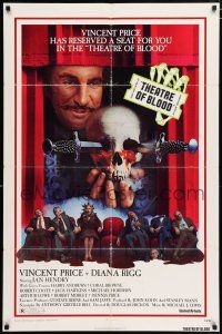 4t879 THEATRE OF BLOOD 1sh '73 great art of Vincent Price holding bloody skull w/dead audience!