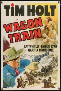 4t935 WAGON TRAIN 1sh '40 cowboy Tim Holt & pretty Martha O'Driscoll, western action art!