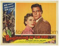 4w251 BEGINNING OF THE END LC #6 '57 close up of scientist Peter Graves & pretty Peggie Castle!