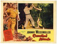 4w315 CANNIBAL ATTACK LC '54 c/u of Johnny Weissmuller fighting guy in wacky alligator costume!