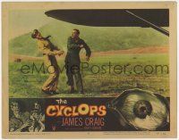4w376 CYCLOPS LC #8 '57 Lon Chaney Jr. punching man in uniform under airplane wing!