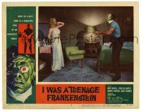 4w586 I WAS A TEENAGE FRANKENSTEIN LC #8 '57 screaming blonde girl in nightie with the monster!