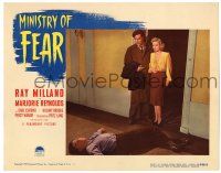 4w712 MINISTRY OF FEAR LC #2 '44 Fritz Lang noir, Ray Milland & Marjorie Reynolds look at dead guy!