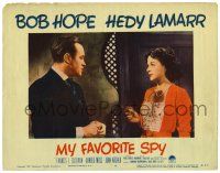 4w736 MY FAVORITE SPY LC #4 '51 close up of Hedy Lamarr pointing gun at Bob Hope!