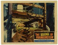 4w807 REVENGE OF FRANKENSTEIN LC #8 '58 man in monstrous contraption, Terence Fisher Hammer horror
