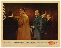 4w988 WRONG MAN LC #4 '57 Alfred Hitchcock, innocent Henry Fonda arraigned in courtroom!