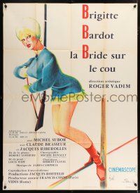 4y834 ONLY FOR LOVE French 1p '63 best Hurel art of sexy Brigitte Bardot with rifle & skis!