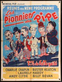 4y850 PIONEERS OF LAUGHTER French 1p 1961 art of Chaplin, Keaton, AND Laurel & Hardy together!