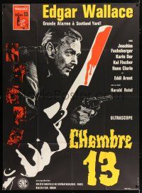 4y892 ROOM 13 French 1p '64 Edgar Wallace, cool art of Fuchsberger w/ gun & bloody straight razor!