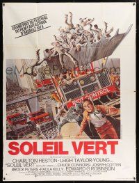 4y919 SOYLENT GREEN French 1p '74 art of Charlton Heston escaping riot control by John Solie!
